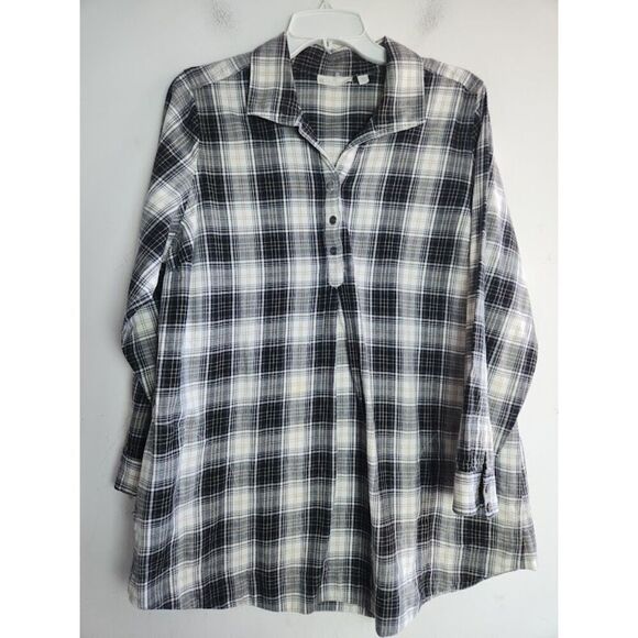 J.Jill Uncommon Threads Black Grey Plaid 100% Cotton Pop Over Blouse sz Large P. - Picture 1 of 10